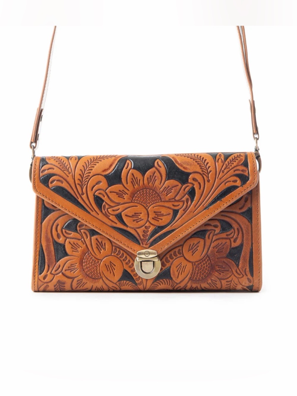 Western Hand-Tooled Floral Leather Crossbody Bag in Tan